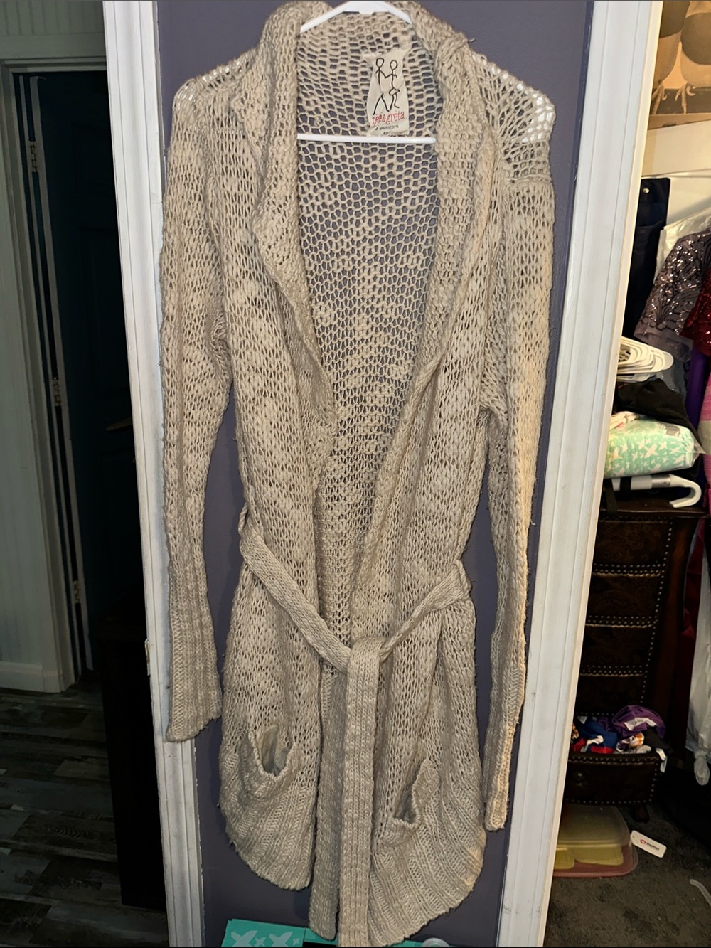 Johnny Was Open-Knit Cream Belted Cardigan Sweater